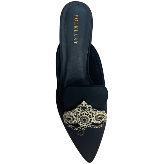 Cleopatra black mule flat shoes with gold brooch