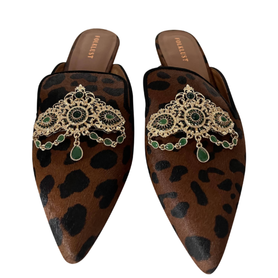 Cleopatra leopard print calf hair mule embellished with gold brooch