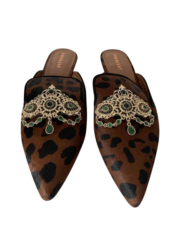 Cleopatra leopard print calf hair mule embellished with gold brooch